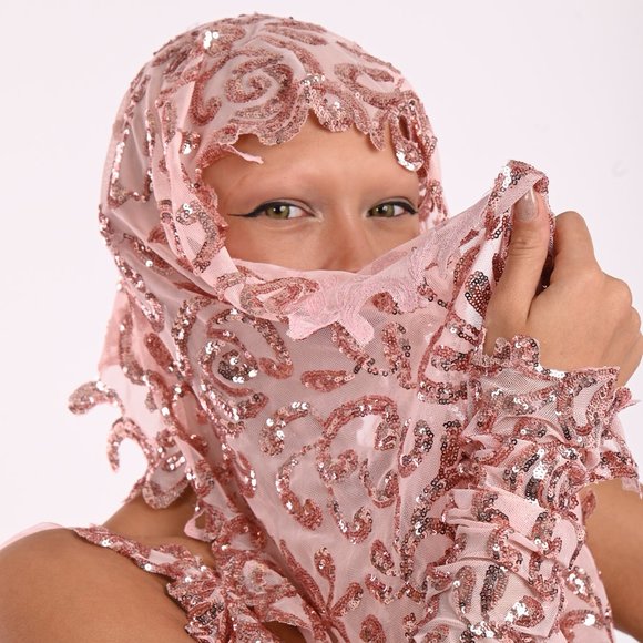 "TONI" Rose Gold Damask Sequin Blush Hybrid Sheath Mermaid Wedding Gown Set - Picture 14 of 16